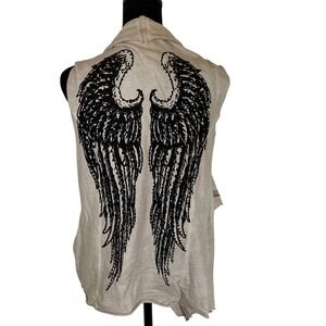 Vocal USA Womens Cream Black Sleeveless Beaded Vest Size L Angel Wings Zip Front